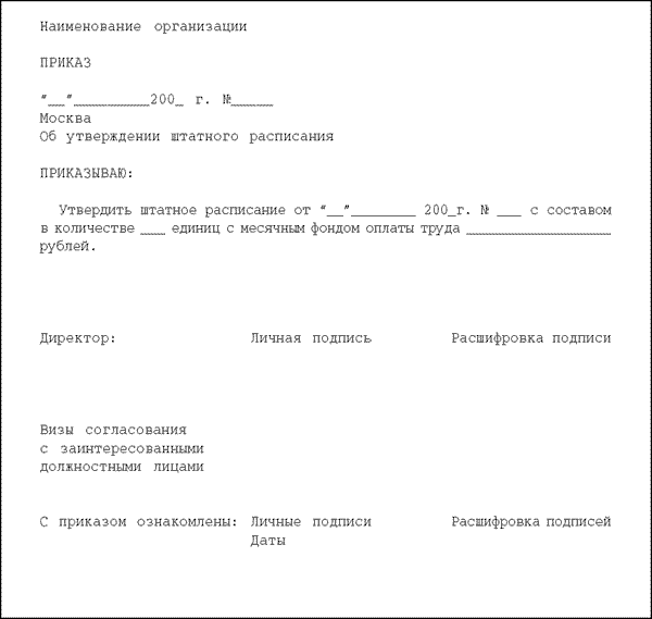 Как написать приказ об утверждении штатного расписания образец