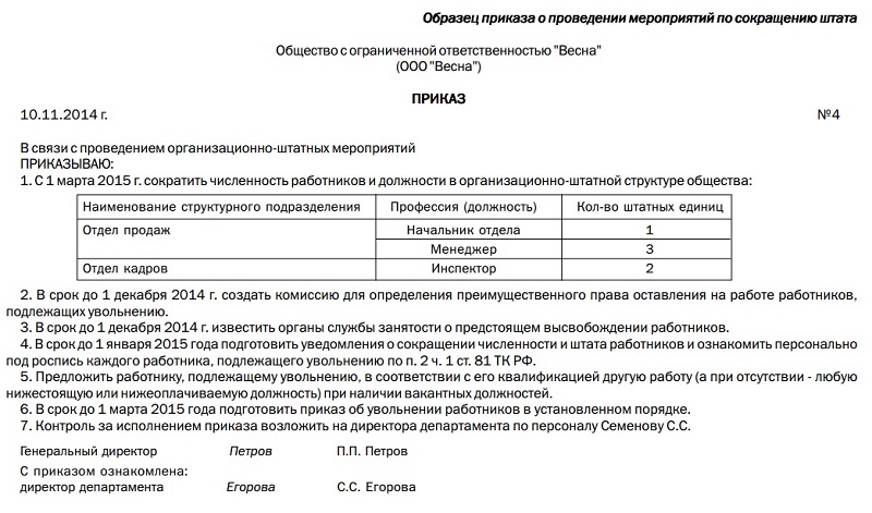 Приказ о сокращении должности в штатном расписании образец