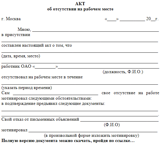 Акт 2012. Бланк акта об отсутствии работника на рабочем месте.